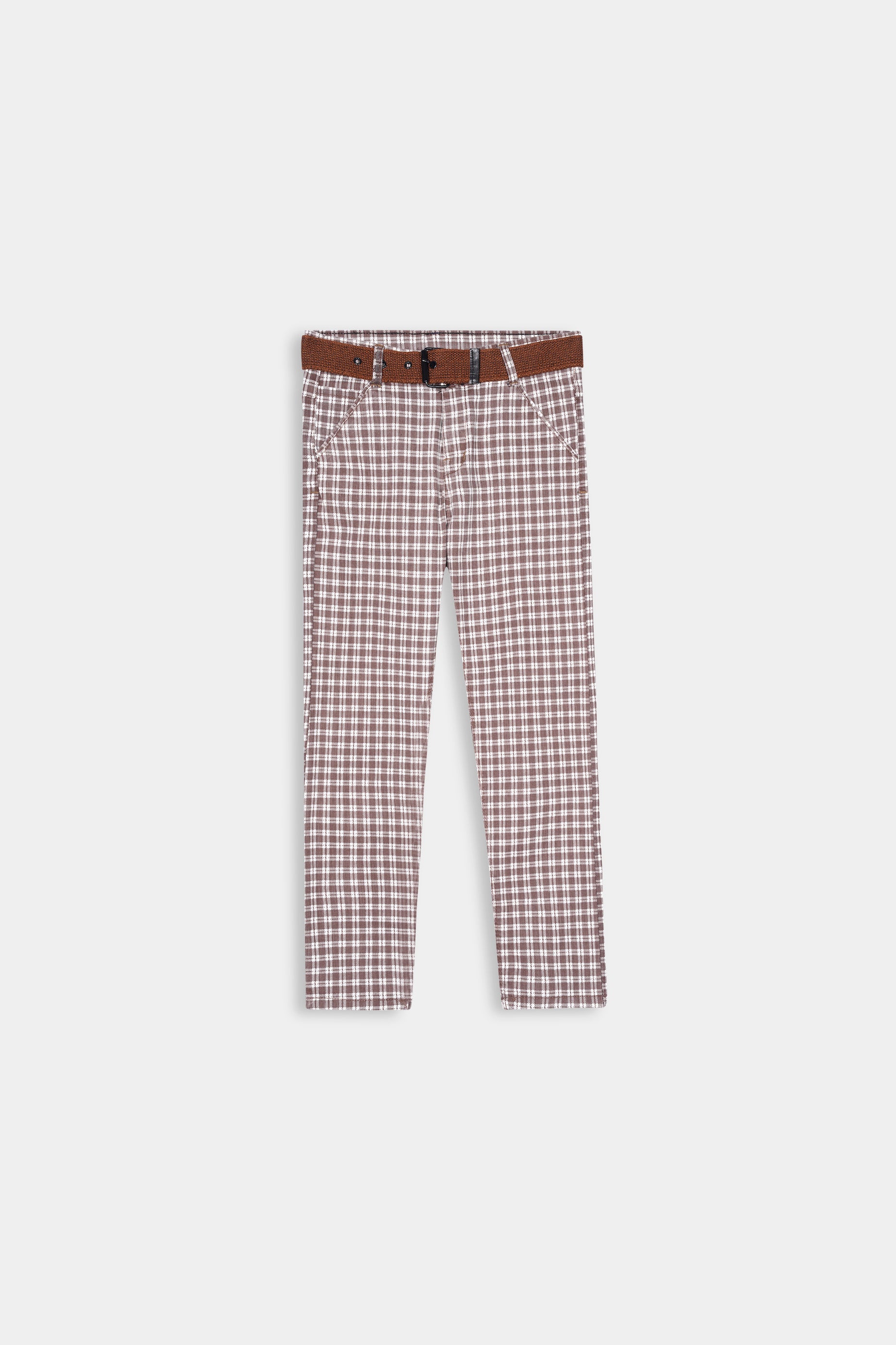 Boys Imported Brown Check Stretch Jeans With Belt