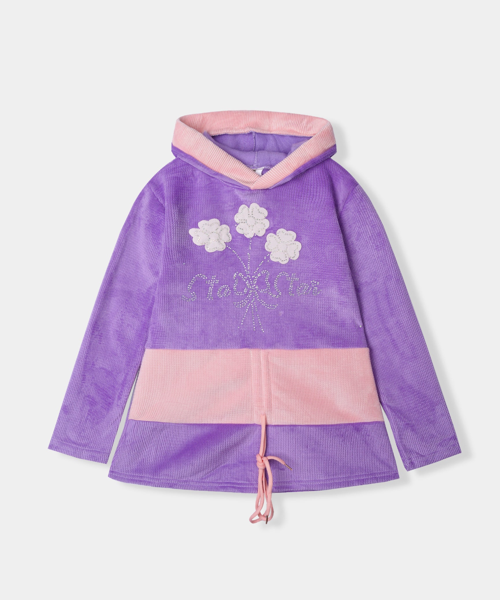 Imported Girls Pull Over Kotrai Velvet Hoodie Printed With Long Flare