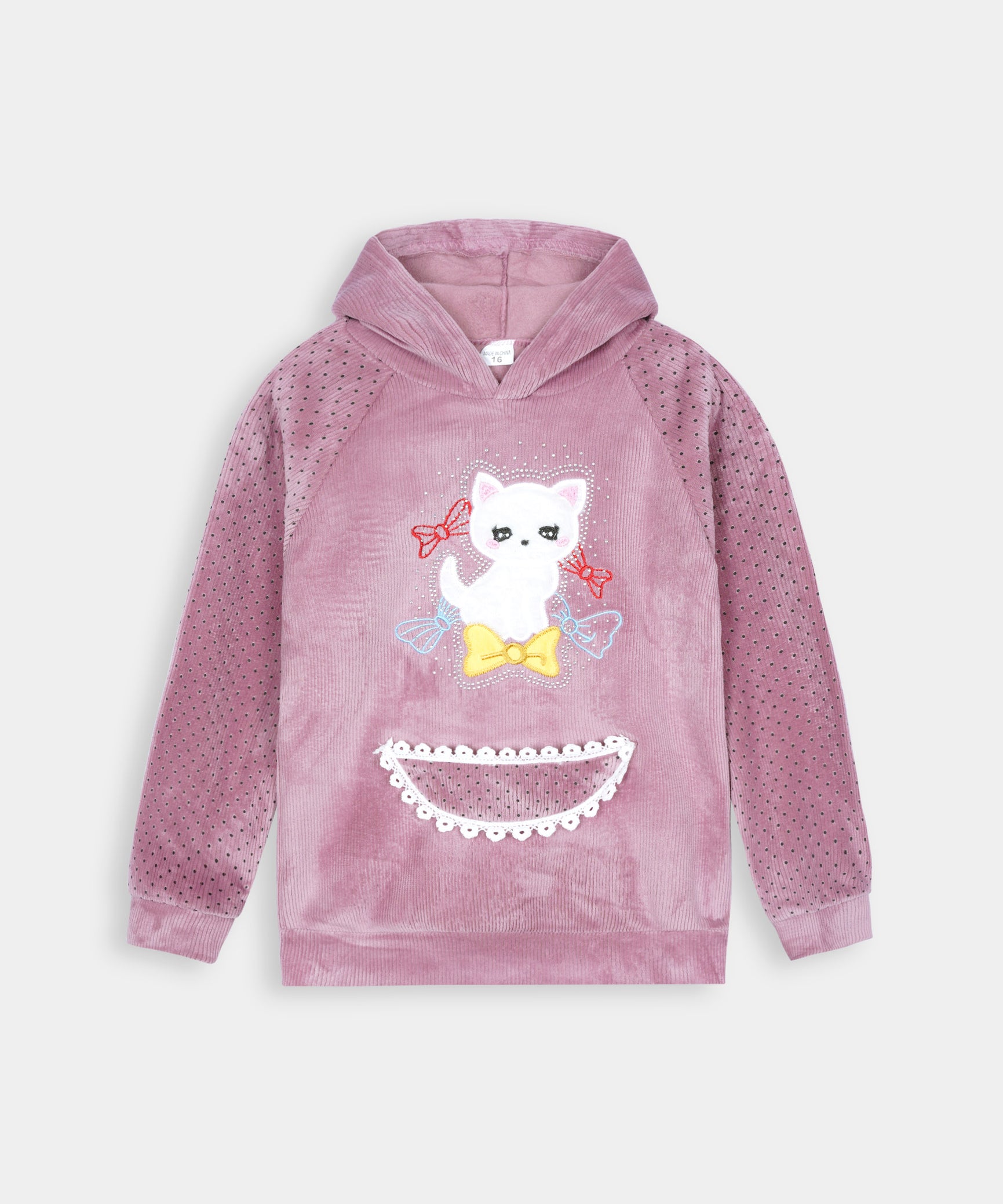 Imported Girls Pull Over Kotrai Velvet Printed Hoodie