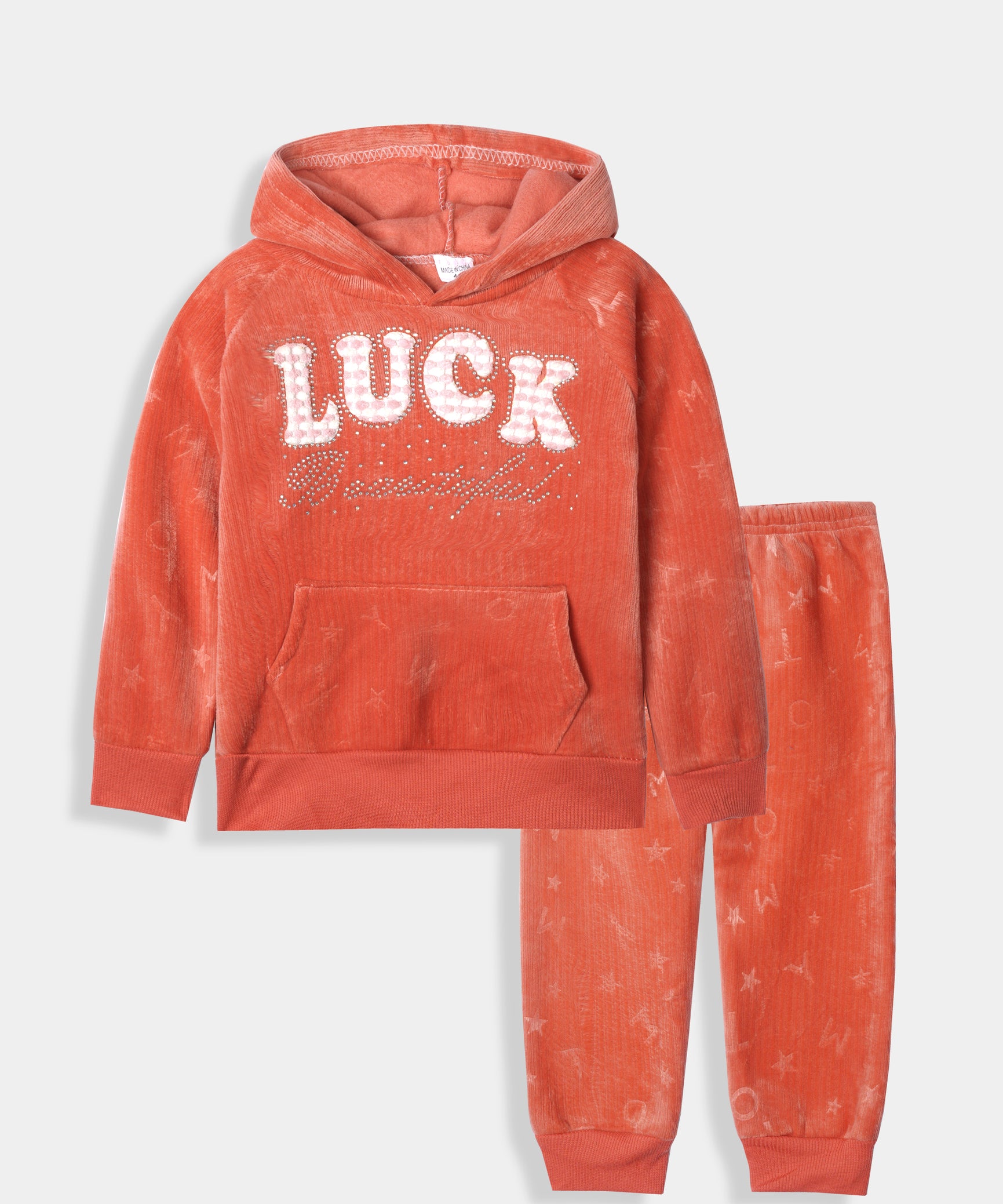 Imported Girls Pull Over Kotrai Velvet Printed Hoodie Suit