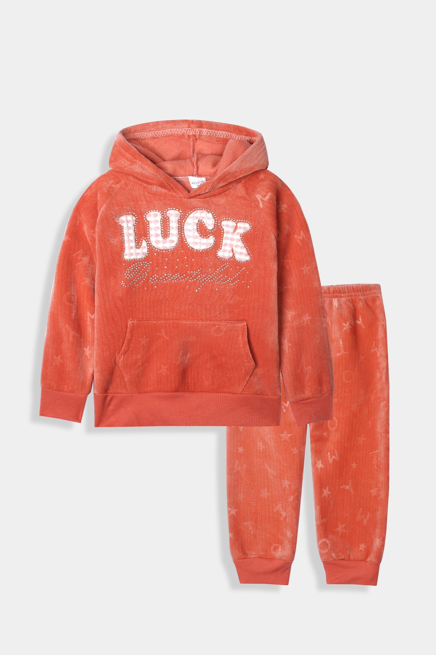 Imported Girls Pull Over Kotrai Velvet Printed Hoodie Suit