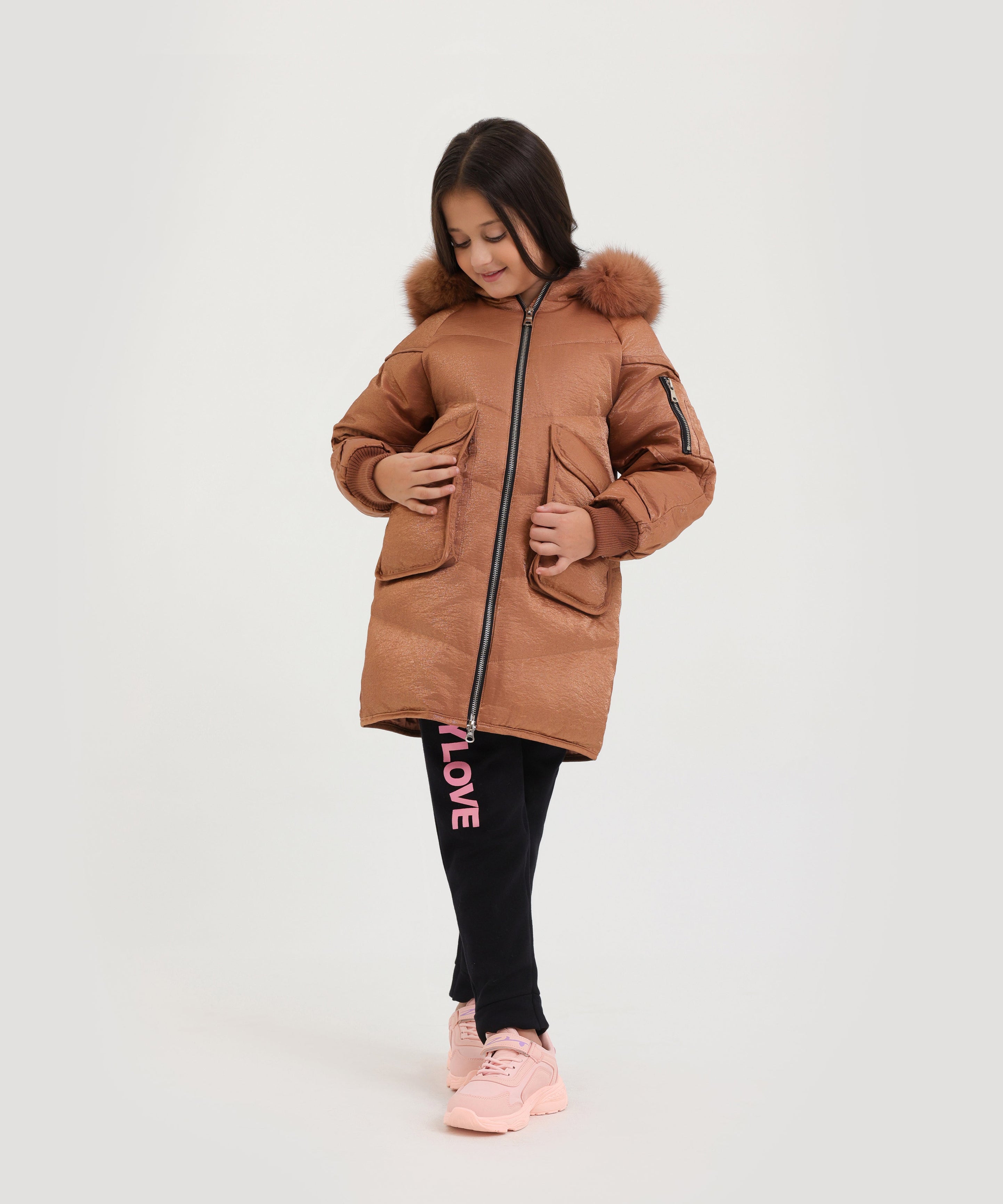 Girls imported Long Zipper Hoodie Jacket With Fur Lined Cap