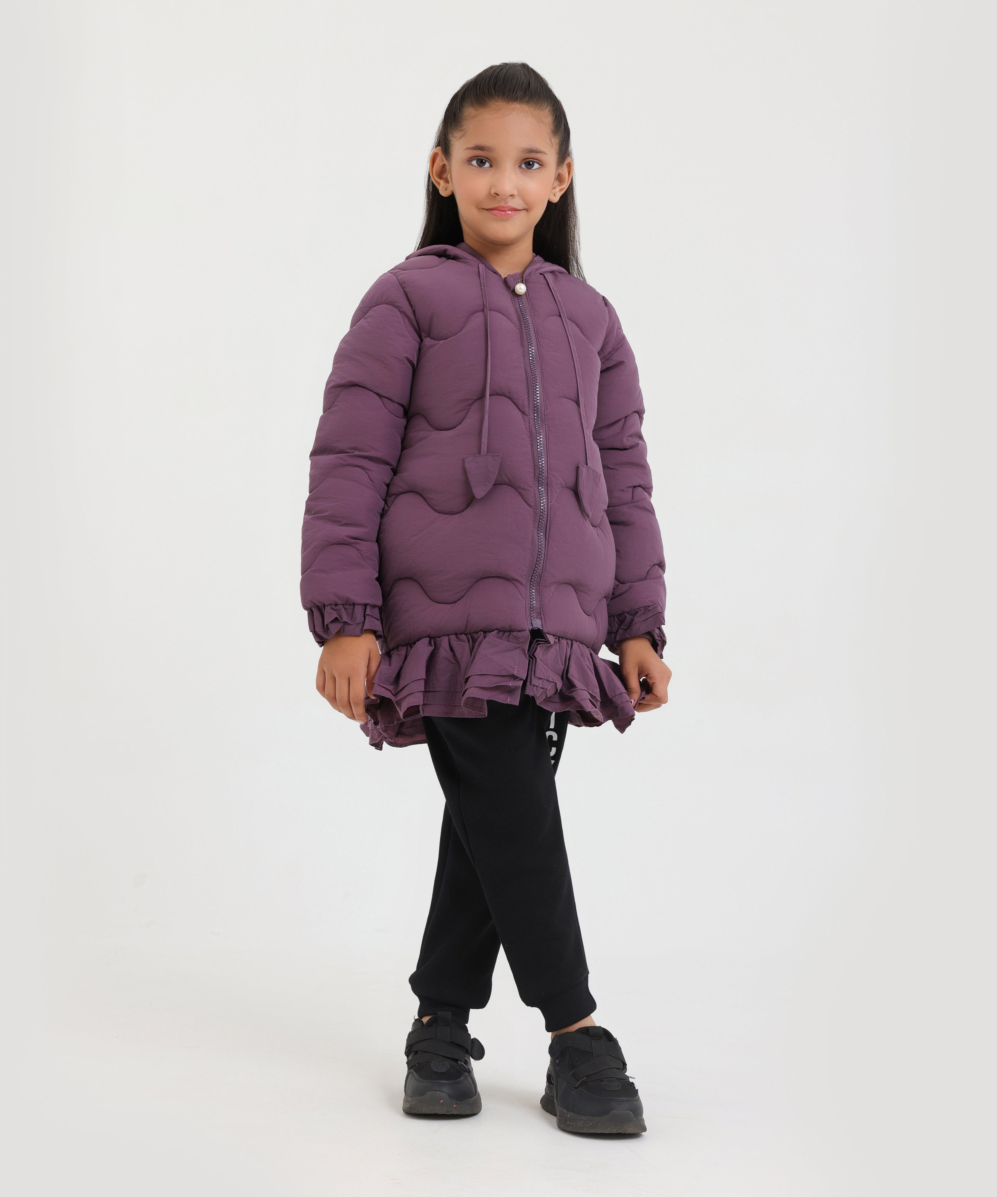 Imported Girls Long Quilted Zipper Hoodie Jacket With Bottom Frill