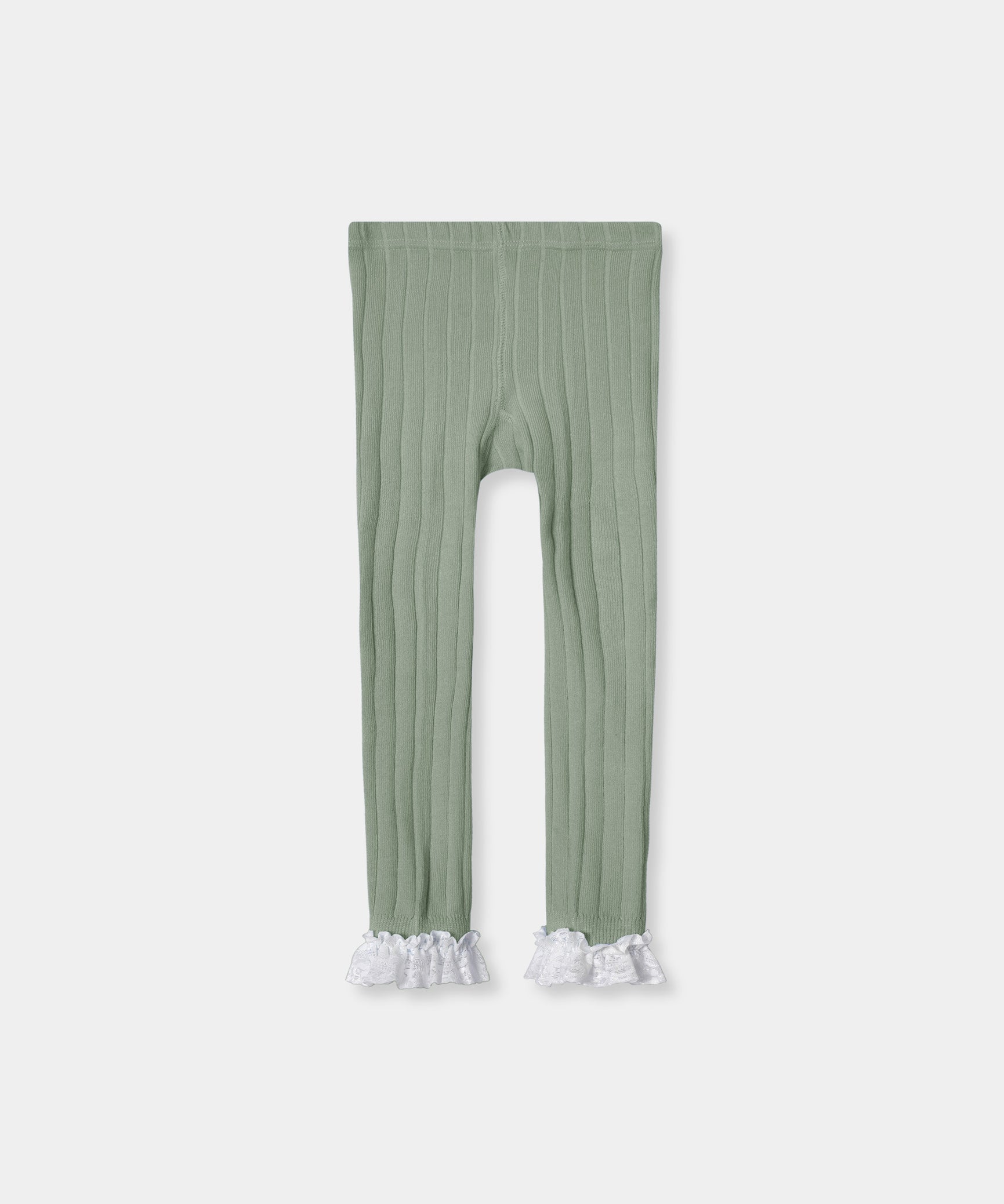 Kids Cotton Light Green Leggings With White Lace