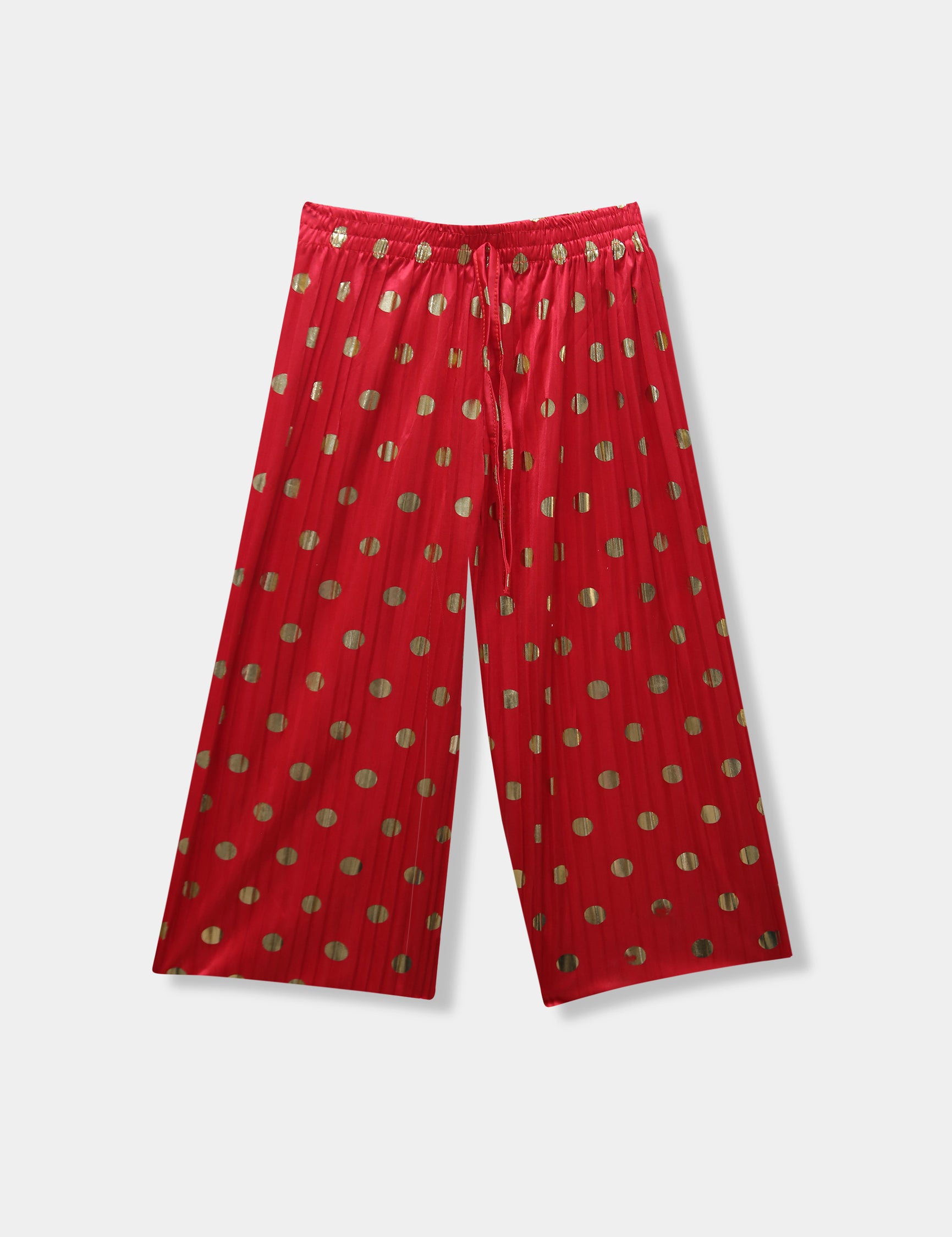 Girls Imported Linen Cotton Red And Golden Dots Bell Bottom Plazo Trouser