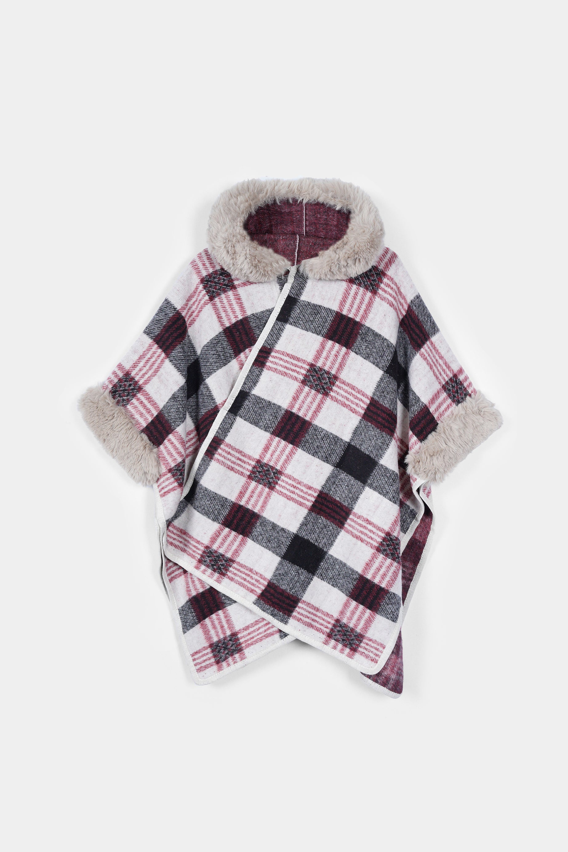 Ladies Imported Wool Check Fur Cape Shawl