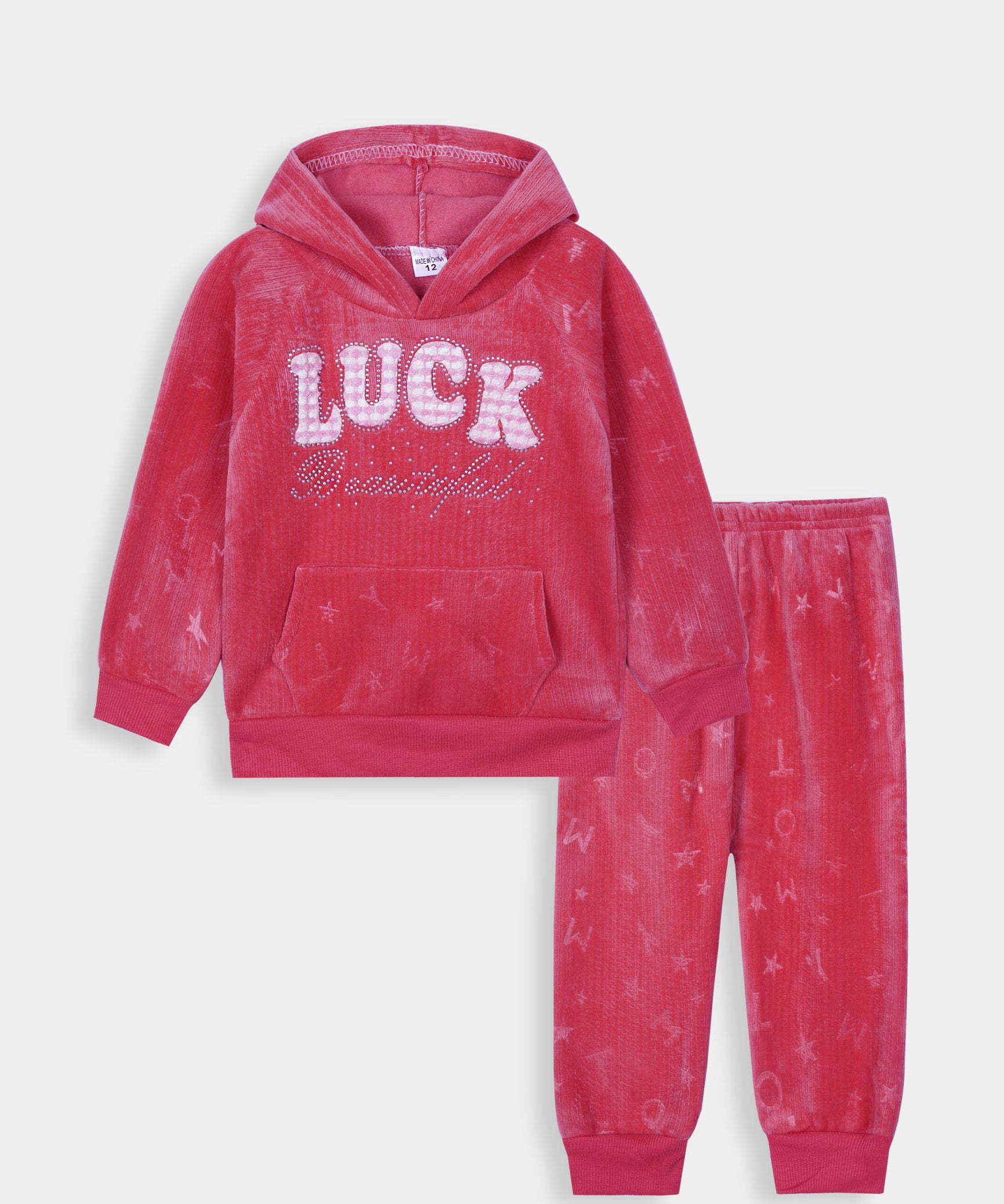 Imported Girls Pull Over Kotrai Velvet Printed Hoodie Suit