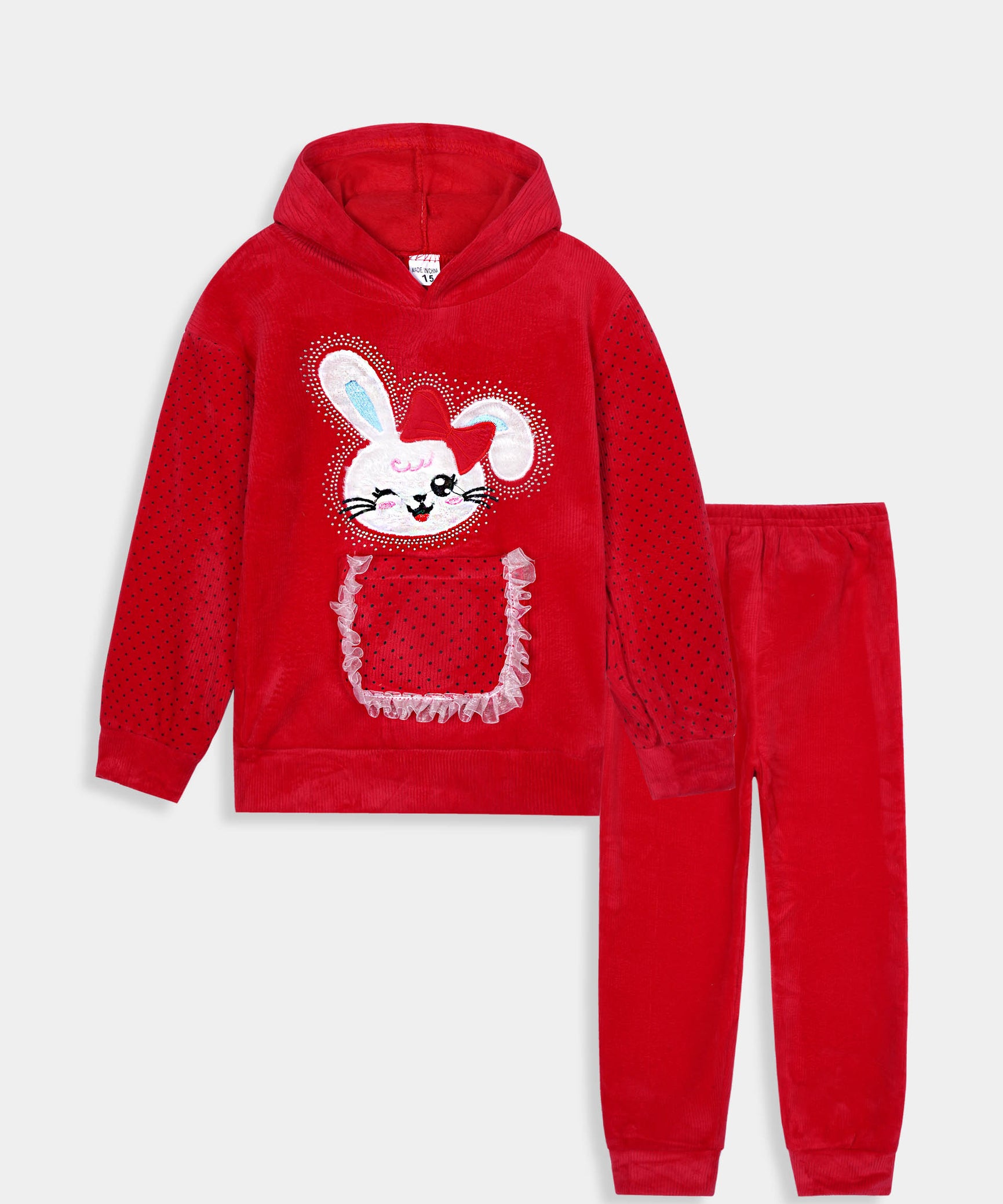 Imported Girls Pull Over Kotrai Velvet Printed Hoodie Suit