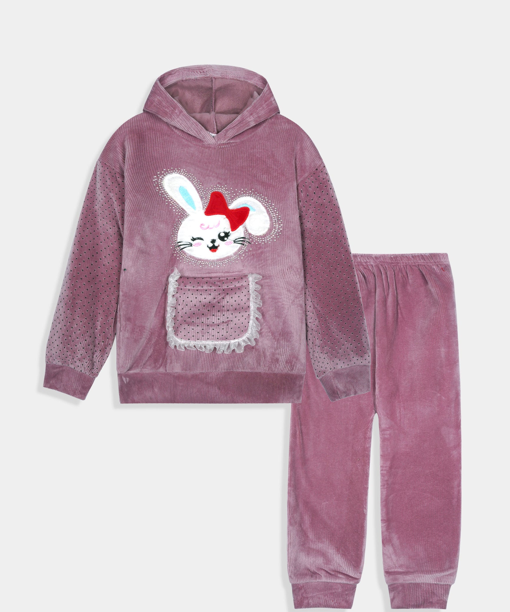 Imported Girls Pull Over Kotrai Velvet Printed Hoodie Suit
