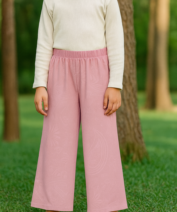 Girls Imported Polyester Pink Wide Leg Trouser(5 years to 12 years)