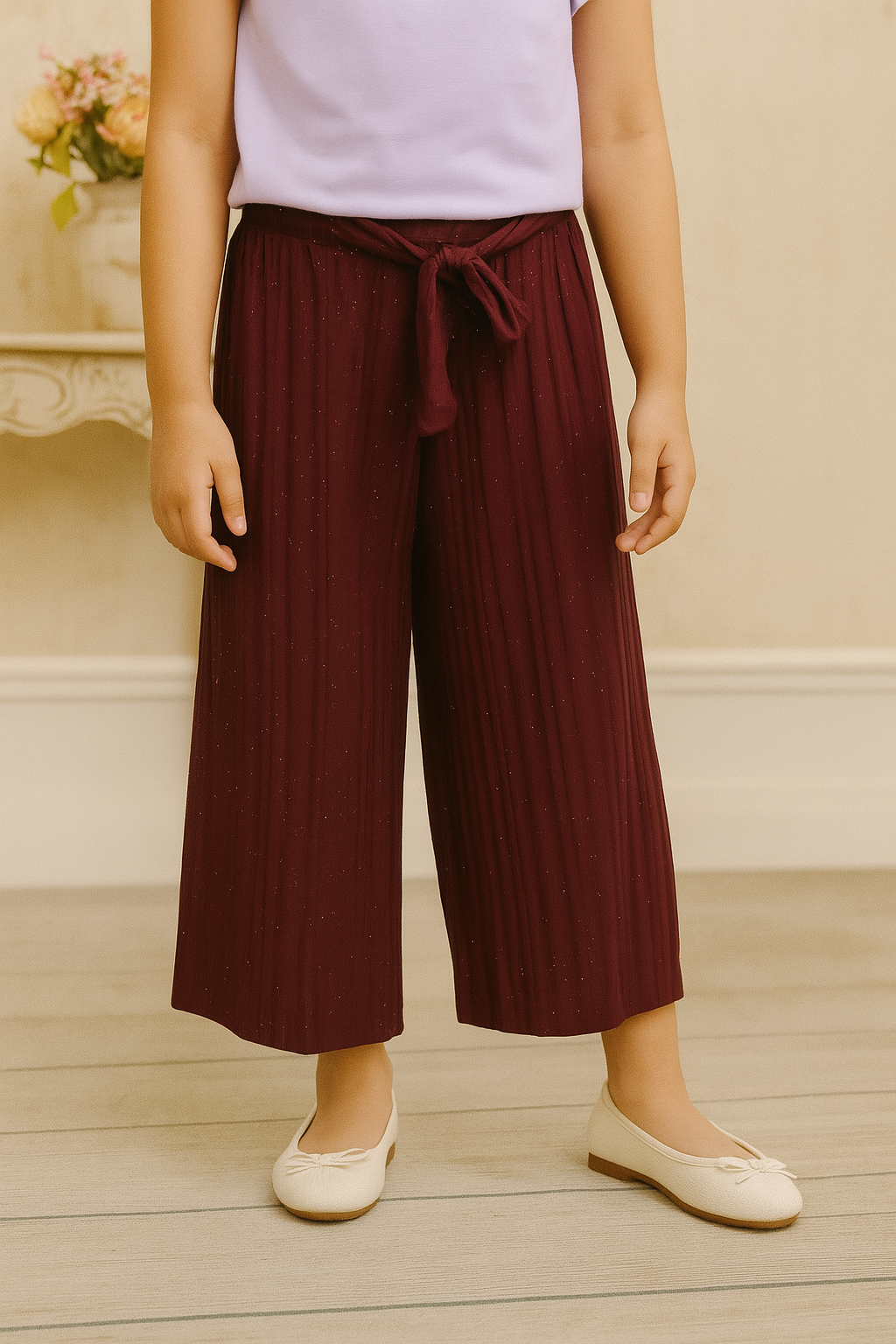 Girls Imported Linen Cotton Burgundy Bell Bottom Plazo Trouser