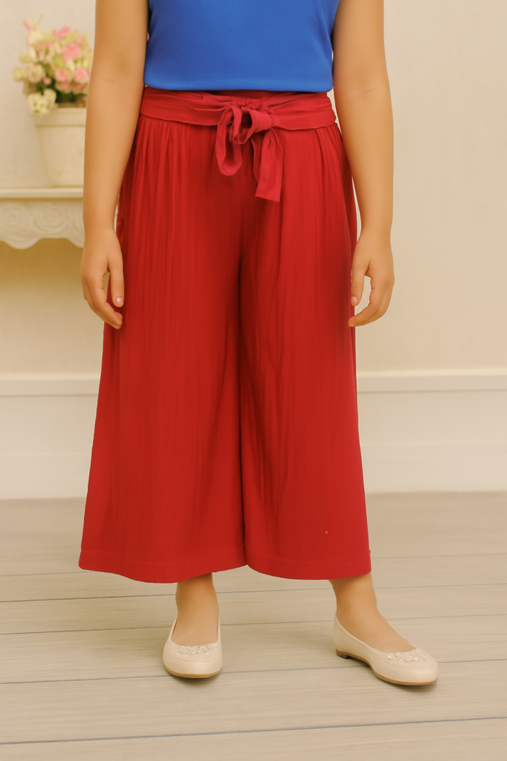 Girls Imported Linen Cotton Red Bell Bottom Plazo Trouser