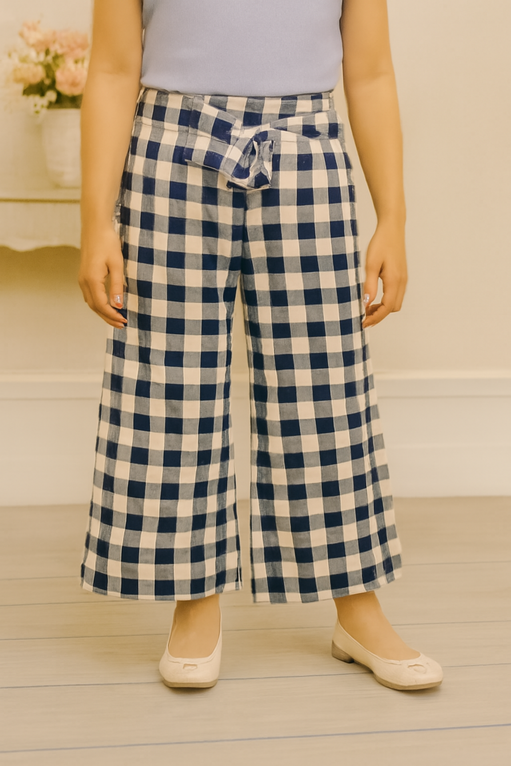 Girls Imported Linen Cotton Yellow And Black Check Bell Bottom Plazo Trouser