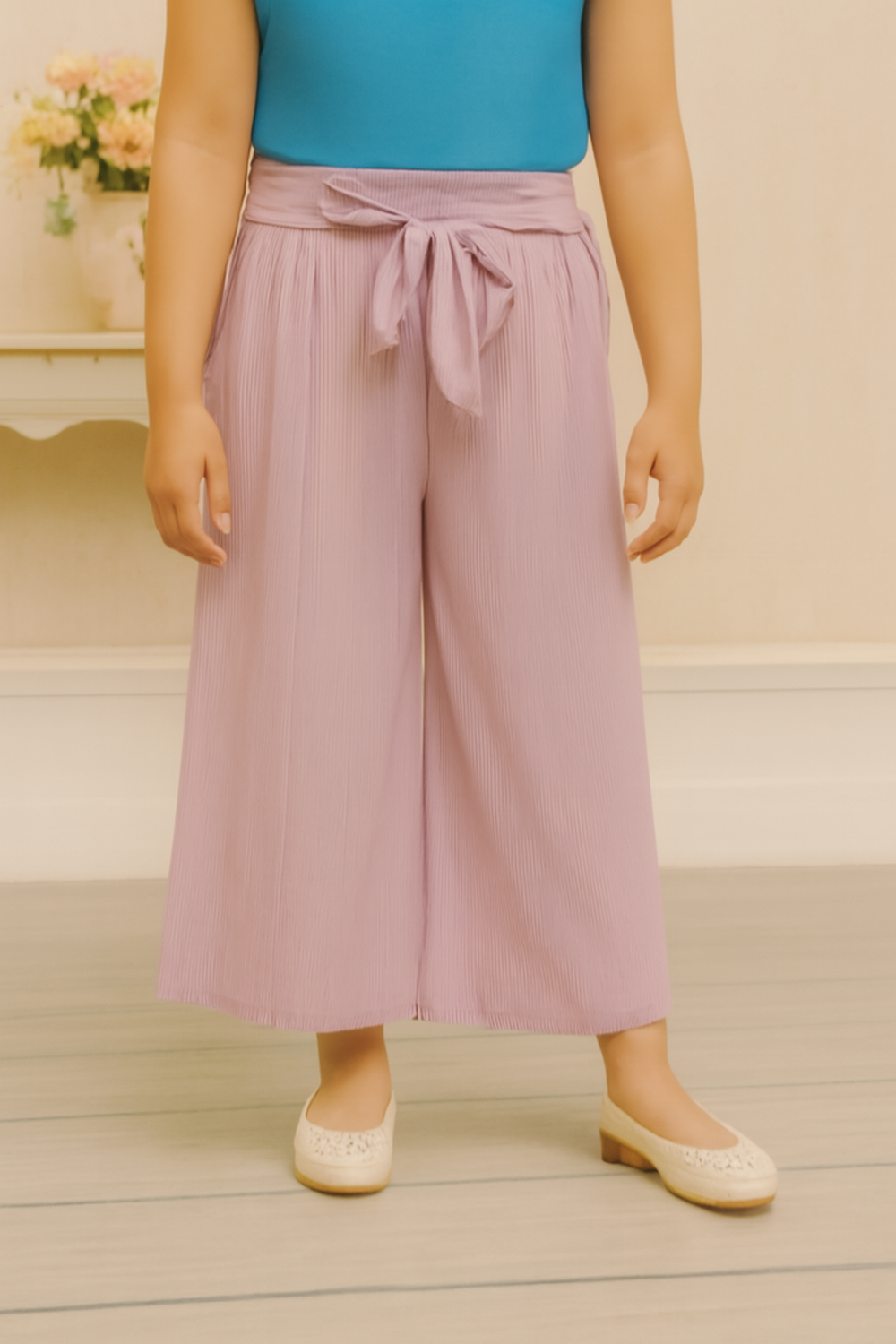 Girls Imported Linen Cotton Light Pink Bell Bottom Plazo Trouser