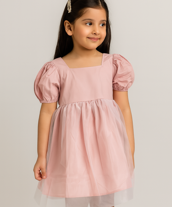 Girls 100% Imported Soft Cotton Plain Pink Frill Frock