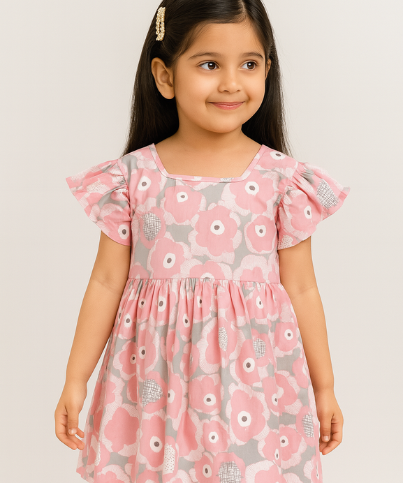 Girls 100% Imported Soft Cotton All Over Flower Printed Frock