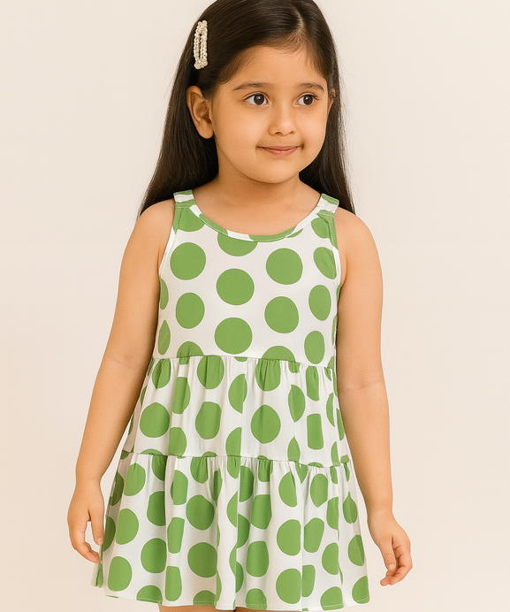 Girls 100% Imported Soft Cotton White And Green Dots Frocks