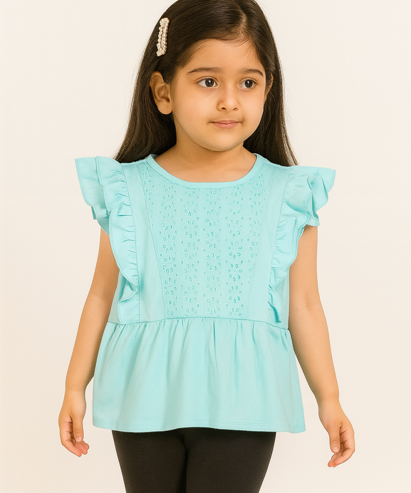 Girls 100% Imported Soft Cotton Frill Sky Blue Frocks