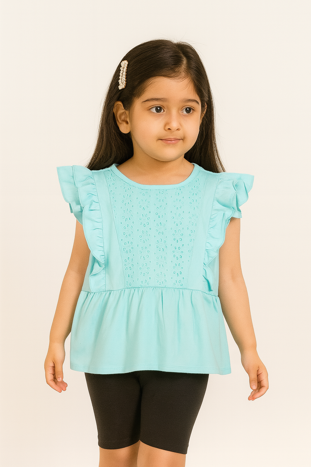 Girls 100% Imported Soft Cotton Frill Sky Blue Frocks