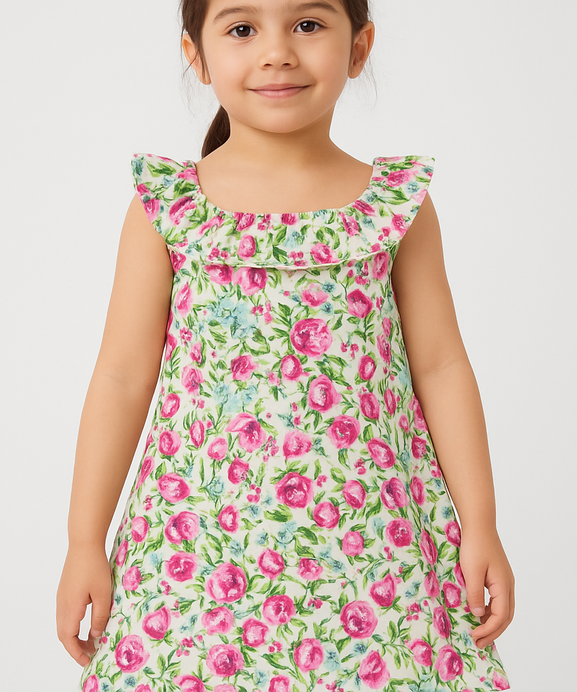 Girls 100% impoted All Over Flower Printed Soft Cotton Frock - w