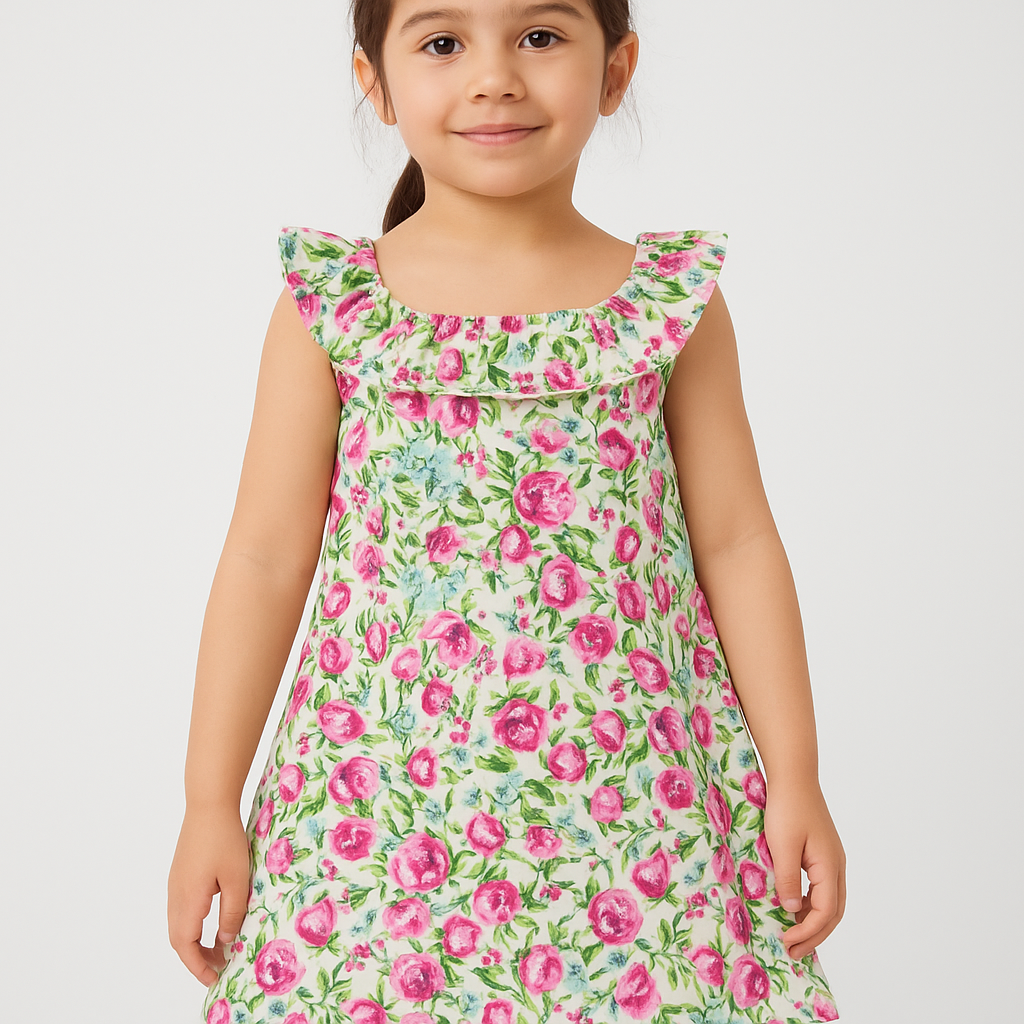 Girls 100% impoted All Over Flower Printed Soft Cotton Frock - w