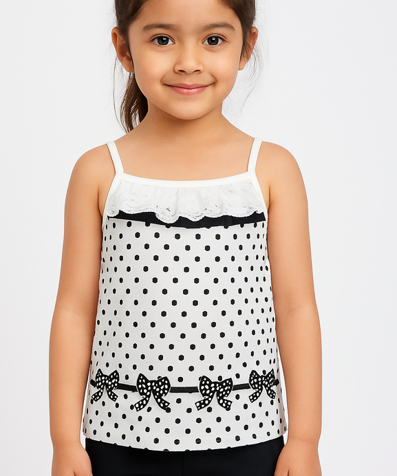 Girls Imported Soft Cotton All Over Printed White And Black Dots Top