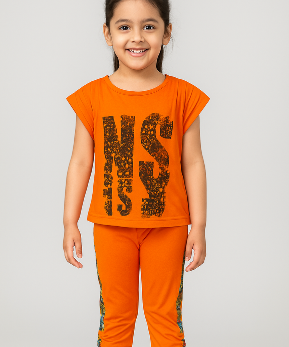 Girls Imported Soft Cotton " Graphic Printed " Orange Suit