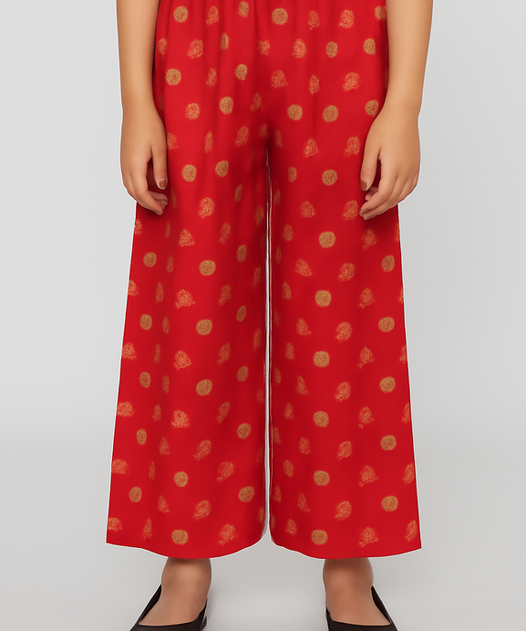 Girls Imported Linen Cotton Red And Golden Dots Bell Bottom Plazo Trouser