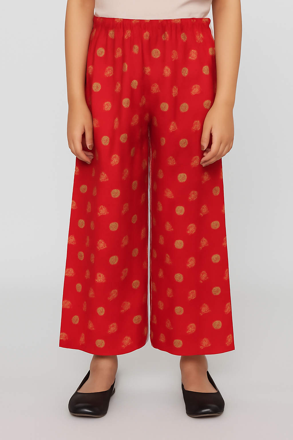 Girls Imported Linen Cotton Red And Golden Dots Bell Bottom Plazo Trouser