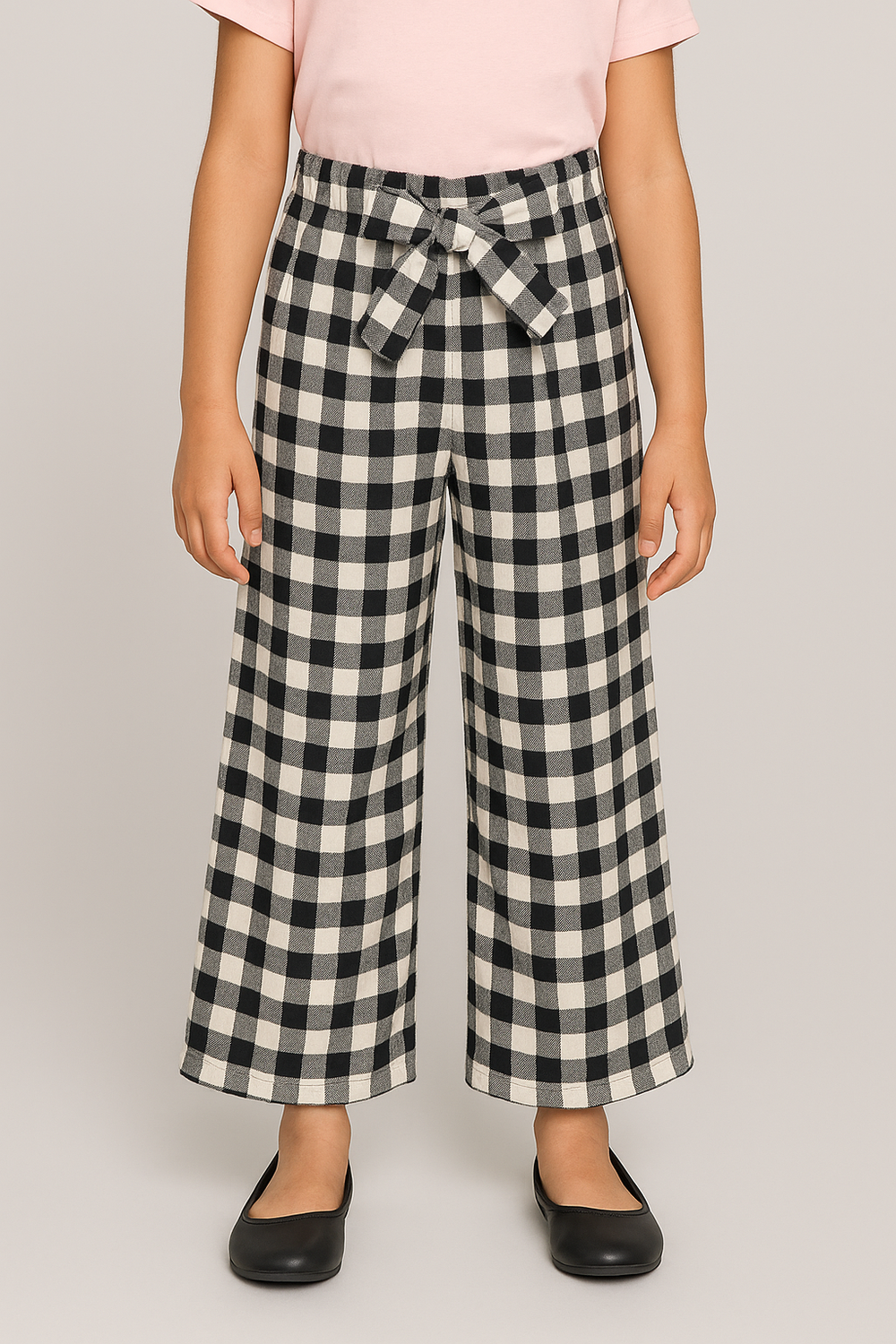 Girls Imported Linen Cotton Yellow And Black Check Bell Bottom Plazo Trouser
