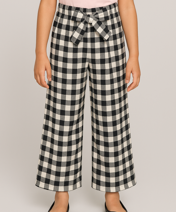 Girls Imported Linen Cotton Yellow And Black Check Bell Bottom Plazo Trouser
