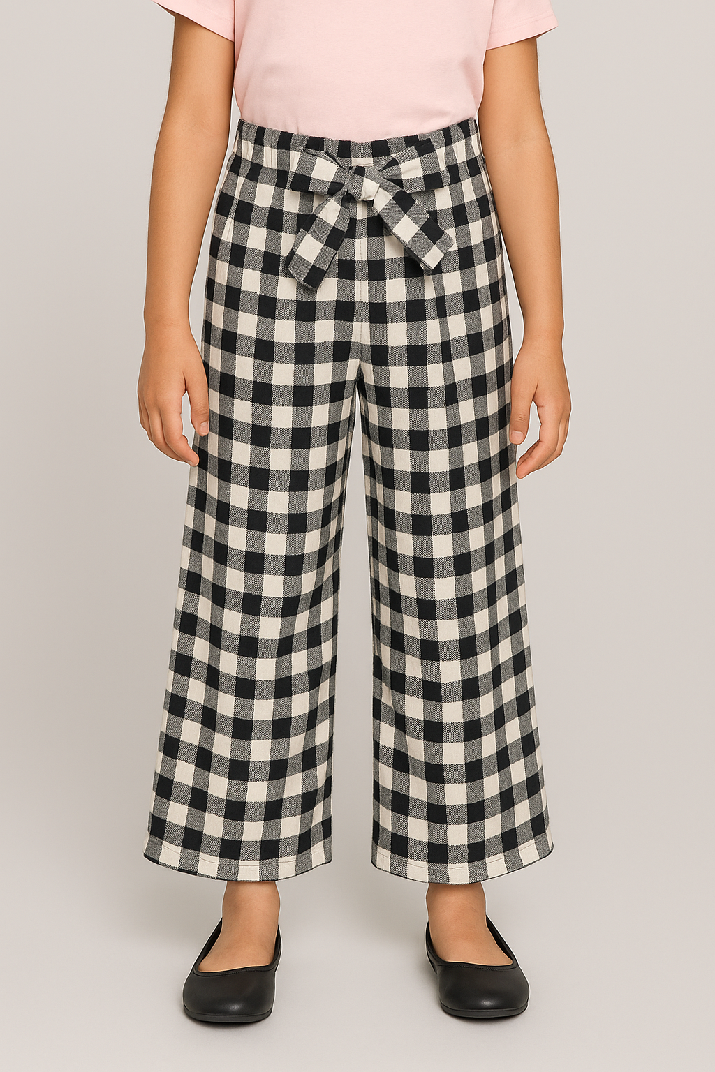 Girls Imported Linen Cotton Yellow And Black Check Bell Bottom Plazo Trouser