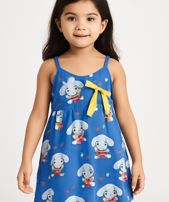 Girls100% imported All Over Printed Soft Cotton Royal Blue Frock