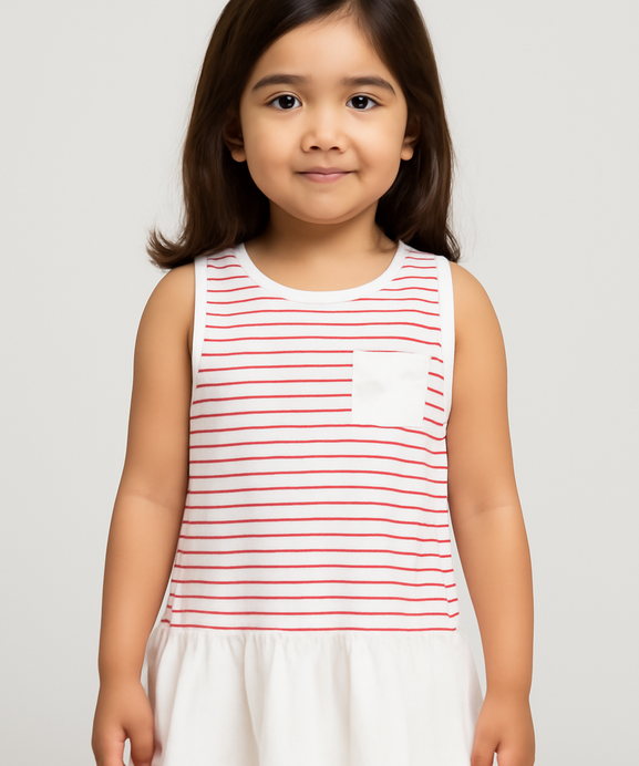 Girls100% imported Printed Soft Cotton Red And White Frock