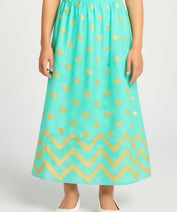 Girls Imported Bell Bottom Aqua Skirt with Gold Hock