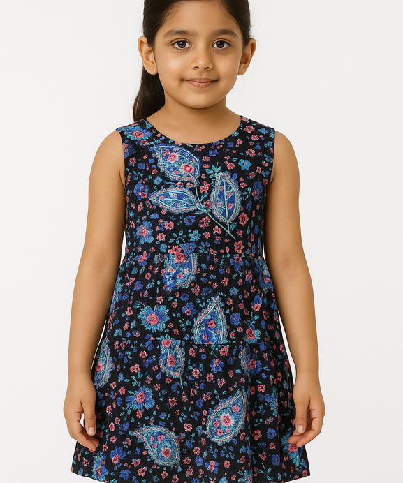 Girls 100% impoted All Over Flower Printed Soft Cotton Frock
