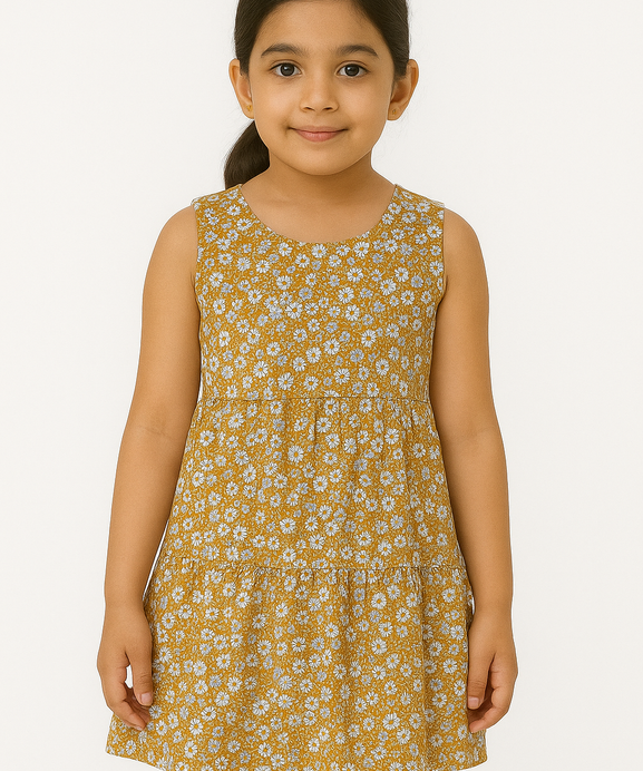 Girls 100% impoted All Over Flower Printed Soft Cotton Frock - Brown