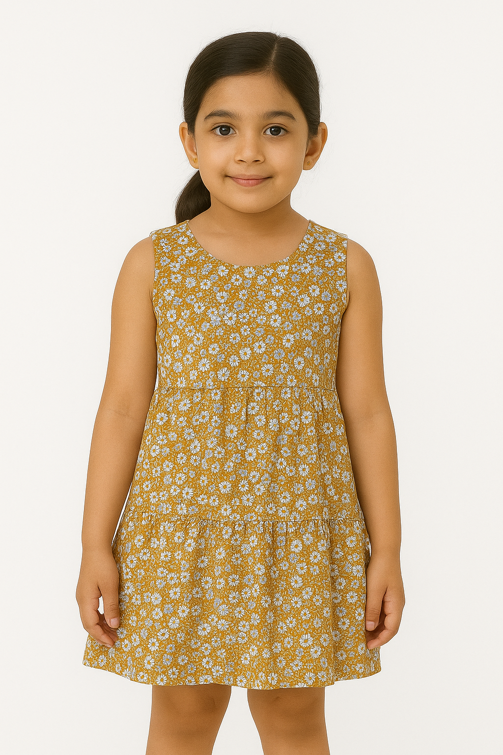 Girls 100% impoted All Over Flower Printed Soft Cotton Frock - Brown