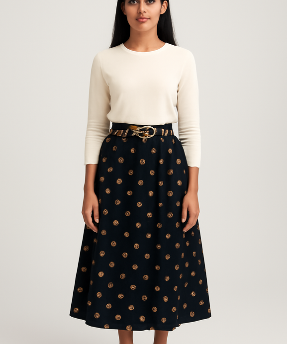 Girls Imported Bell Bottom Black Skirt with Gold Hock
