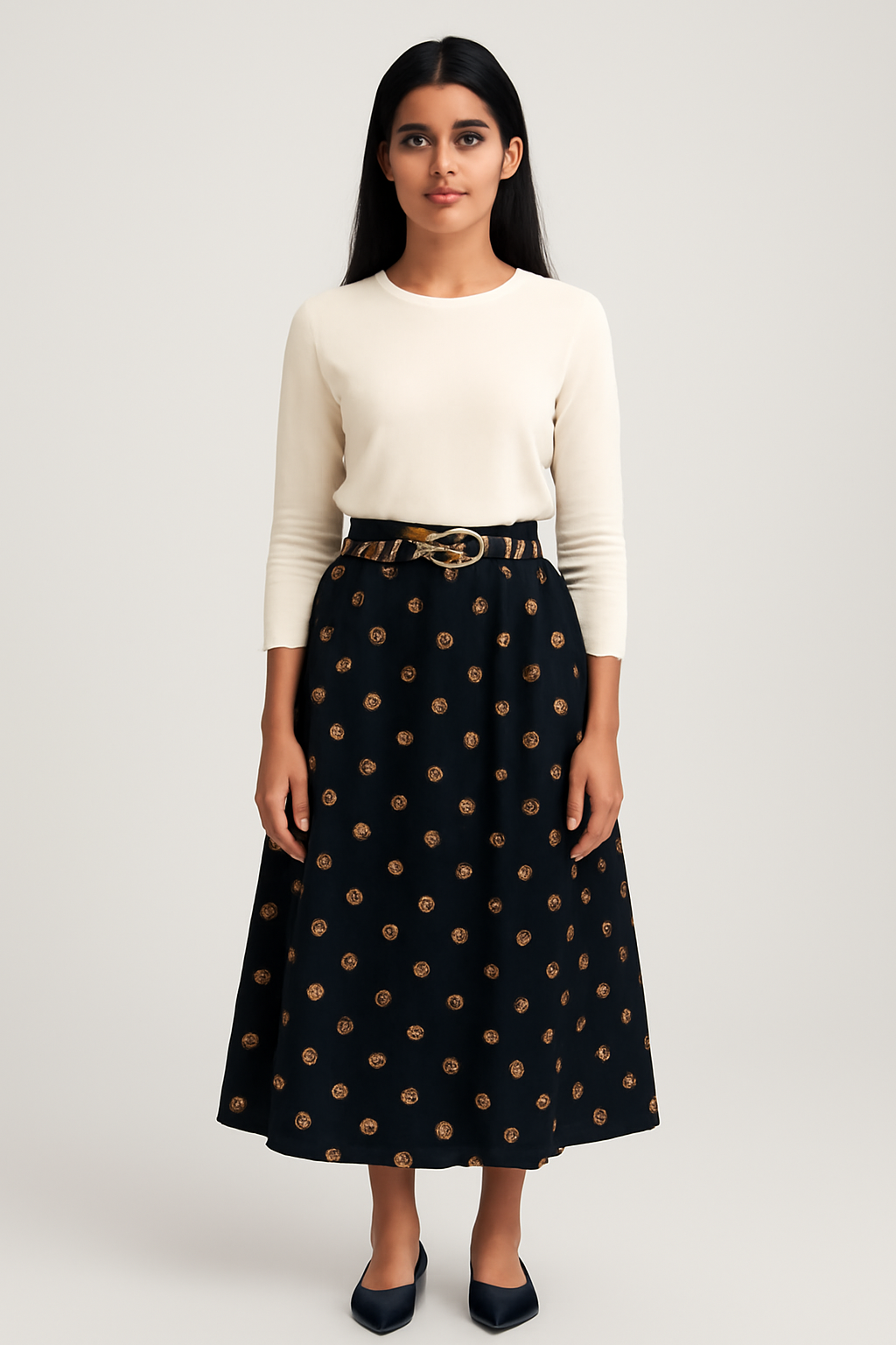 Girls Imported Bell Bottom Black Skirt with Gold Hock