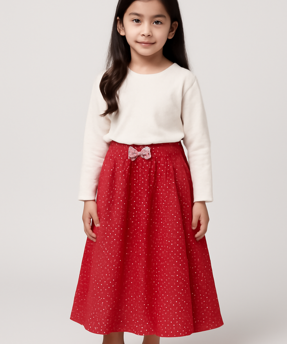 Girls Imported Bell Bottom Red Skirt with Gold Dots
