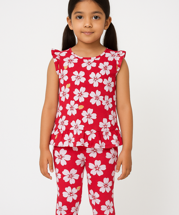 Girls 100% Imported Linen Cotton Frill Sleeves Printed Suit