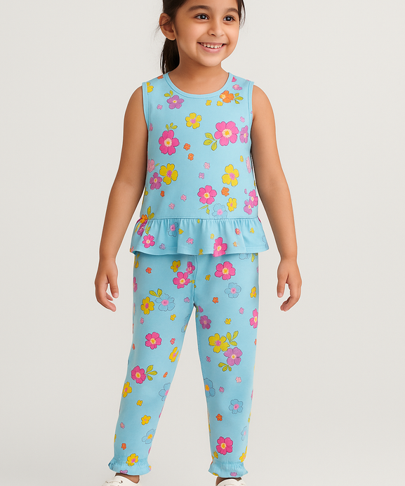 Girls 100% Imported Linen Cotton Frill Sleeves Printed Suit