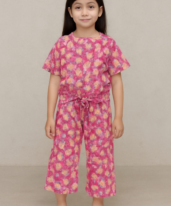 Girls Scat Fish Style All Over Flower Printed Linen Cotton Suit