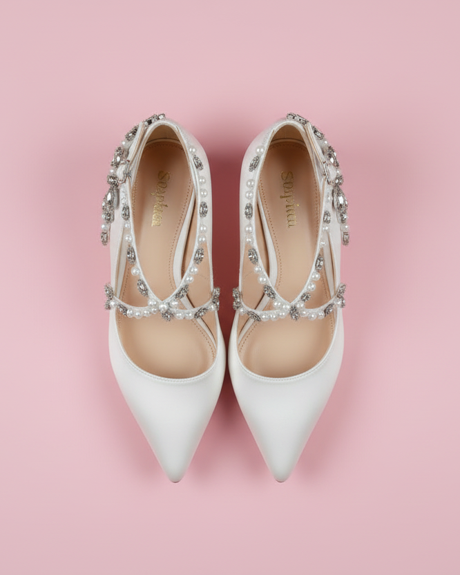 generate an image for bridal shoes for female withe soft and solid background color 